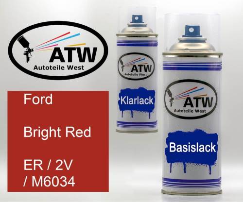 Ford, Bright Red, ER / 2V / M6034: 400ml Sprühdose + 400ml Klarlack - Set, von ATW Autoteile West.